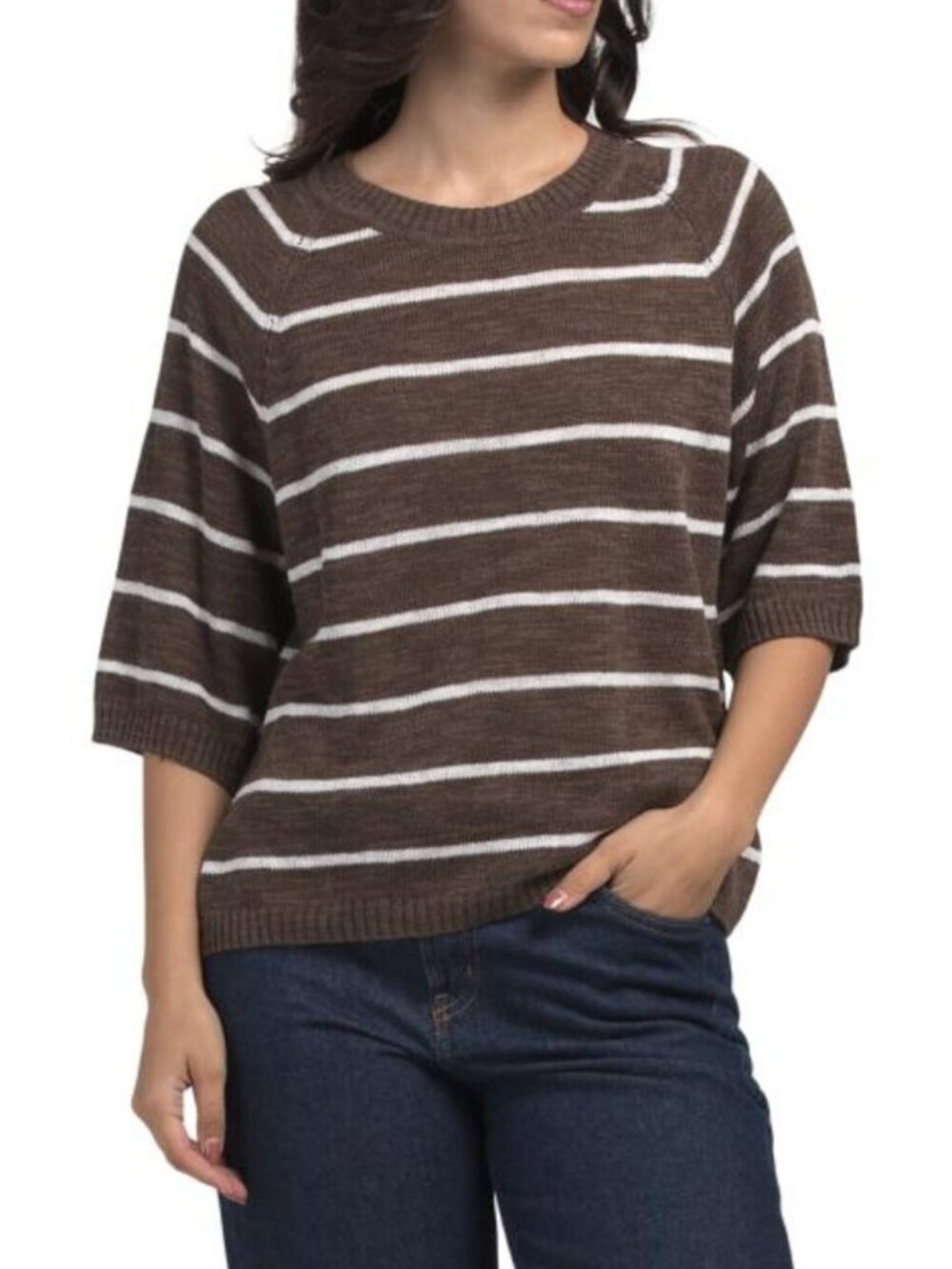 WILT Organic Linen Blend Striped Elbow Sleeve Sweater